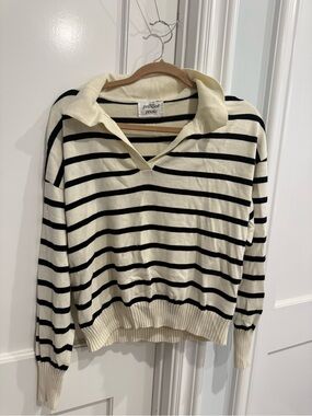 Polished Prints Cream & Black Striped V-Neck Sweater